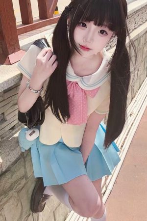 Sailor Suit Set for Women - Pudding Bear Original JK Uniform, Waist-Adjusting Shirt, Summer Short Sleeve, College Style, Cute Aesthetic