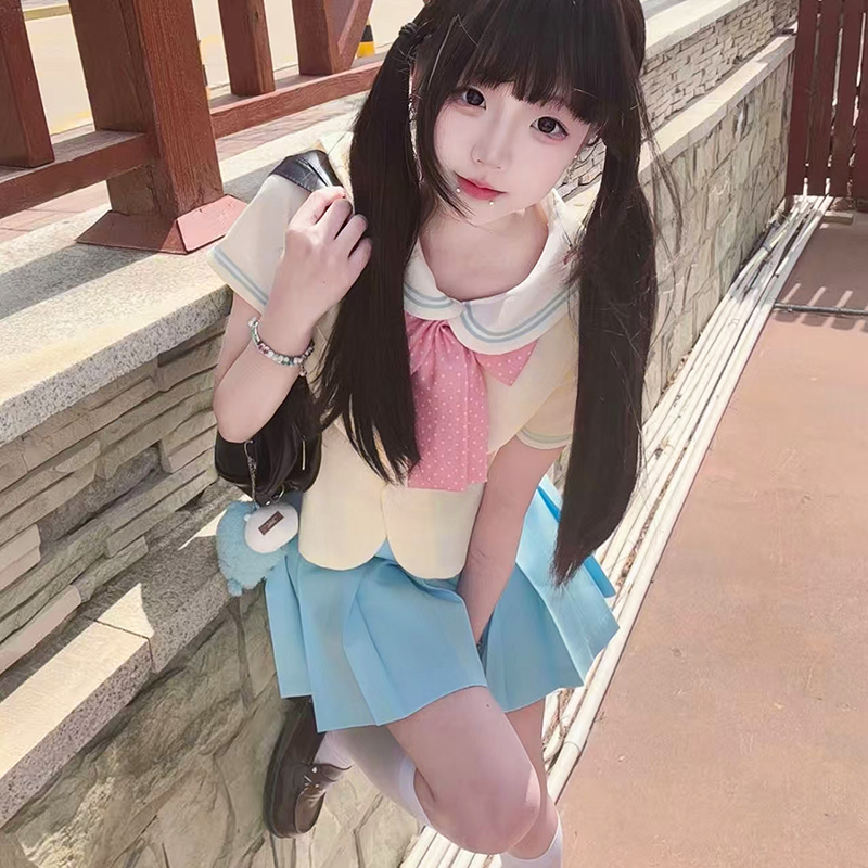 Sailor Suit Set for Women - Pudding Bear Original JK Uniform, Waist-Adjusting Shirt, Summer Short Sleeve, College Style, Cute Aesthetic Sailor Suit Set for Women - Pudding Bear Original JK Uniform, Waist-Adjusting Shirt, Summer Short Sleeve, College Style, Cute Aesthetic