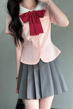 Sailor Suit Set for Women - Pudding Bear Original JK Uniform, Waist-Adjusting Shirt, Summer Short Sleeve, College Style, Cute Aesthetic