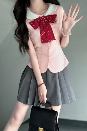 Sailor Suit Set for Women - Pudding Bear Original JK Uniform, Waist-Adjusting Shirt, Summer Short Sleeve, College Style, Cute Aesthetic