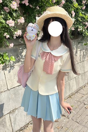 Sailor Suit Set for Women - Pudding Bear Original JK Uniform, Waist-Adjusting Shirt, Summer Short Sleeve, College Style, Cute Aesthetic