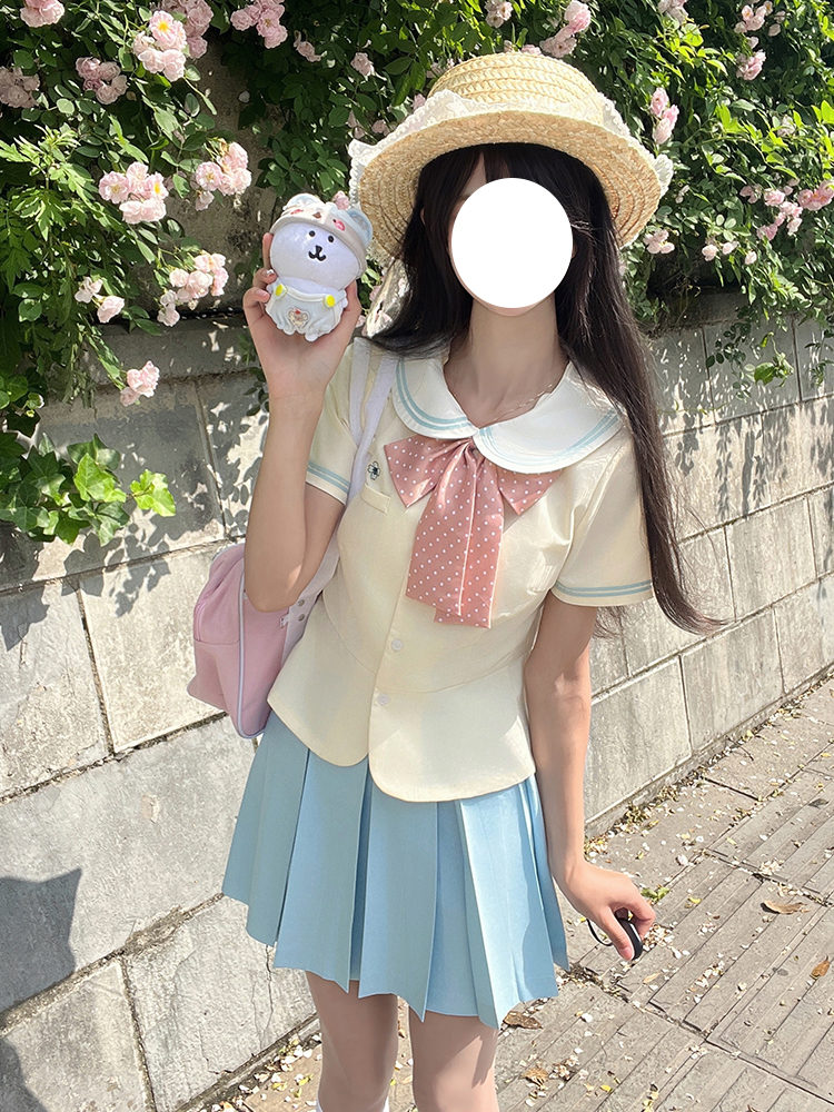 Sailor Suit Set for Women - Pudding Bear Original JK Uniform, Waist-Adjusting Shirt, Summer Short Sleeve, College Style, Cute Aesthetic Sailor Suit Set for Women - Pudding Bear Original JK Uniform, Waist-Adjusting Shirt, Summer Short Sleeve, College Style, Cute Aesthetic