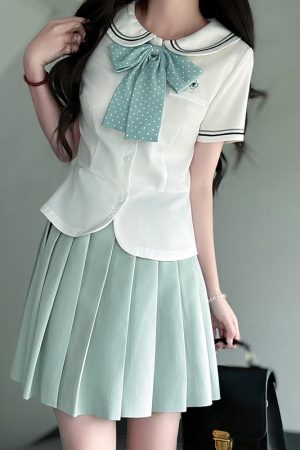 Sailor Suit Set for Women - Pudding Bear Original JK Uniform, Waist-Adjusting Shirt, Summer Short Sleeve, College Style, Cute Aesthetic