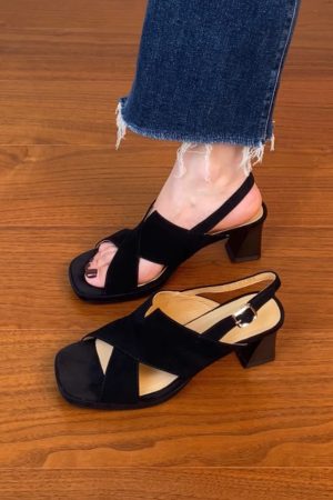 Sanded Sheepskin Cross-Strap Chunky Heel Open-Toe Sandals for Women - Summer 2025 Black Roman High Heels Fashion Footwear