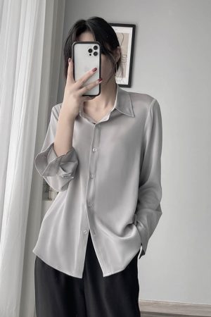Satin Long Sleeve Shirt with Slimming Lapel, Solid Color, Glossy Finish for Commuting - Spring Fashion Top