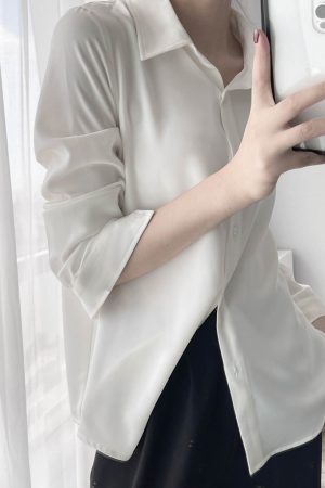 Satin Long Sleeve Shirt with Slimming Lapel, Solid Color, Glossy Finish for Commuting - Spring Fashion Top