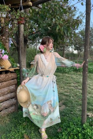 Sea Orange Sanctuary Tie-Dye Beaded Off-Shoulder Maxi Dress - Women's Bohemian Spring Style, Vintage-Inspired, Perfect for 90s Y2K Looks