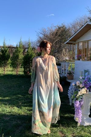 Sea Orange Sanctuary Tie-Dye Beaded Off-Shoulder Maxi Dress - Women's Bohemian Spring Style, Vintage-Inspired, Perfect for 90s Y2K Looks
