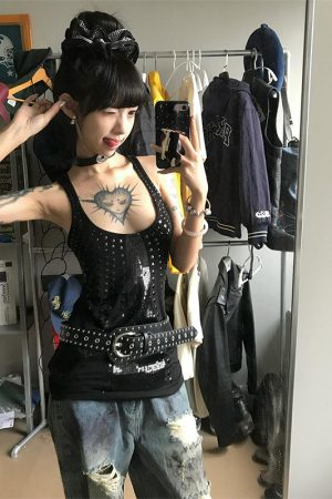 Sexy Black Sequin Spaghetti Strap Tank Top for Women - American Style Slim Fit Sleeveless Summer Fashion