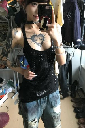 Sexy Black Sequin Spaghetti Strap Tank Top for Women - American Style Slim Fit Sleeveless Summer Fashion