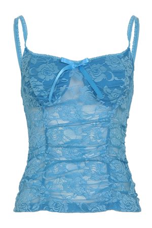 Sexy Lace Vest Top with Bow Tie and Rose Pattern - Women's Inner Chest Top in Blue - Y2K Fashion