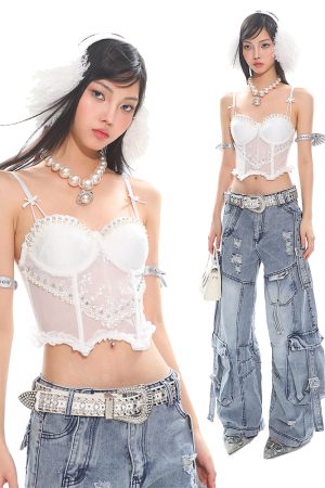 Sexy Slimming Lace Pearl Bow Tie Camisole - Hot Girl Fishbone Design, Trendy Niche Outer Wear, Perfect for Y2K and Night Out