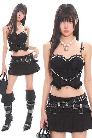 Sexy Slimming Lace Pearl Bow Tie Camisole - Hot Girl Fishbone Design, Trendy Niche Outer Wear, Perfect for Y2K and Night Out