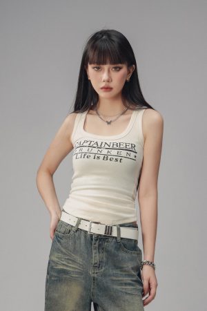 Sexy Tight Sleeveless Tank Top for Women - American Style Beer Team Captain - Summer 2025 Trendy Y2K Fashion