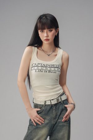 Sexy Tight Sleeveless Tank Top for Women - American Style Beer Team Captain - Summer 2025 Trendy Y2K Fashion