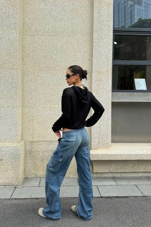 Sexy Ultra-Low Waist Vintage Street Cargo Denim Pants in Deep Blue - Heavy-Duty 90s Inspired Workwear Trousers