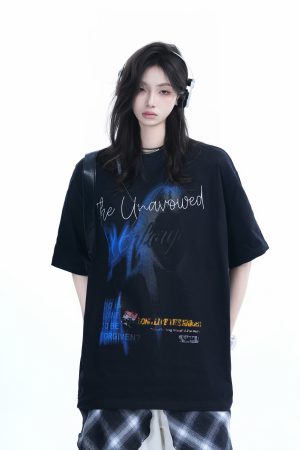 Shadow Girl Graphic Black Short Sleeve T-Shirt for Women - Summer Loose Fit American Design