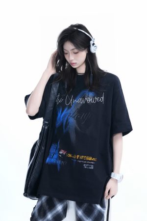 Shadow Girl Graphic Black Short Sleeve T-Shirt for Women - Summer Loose Fit American Design