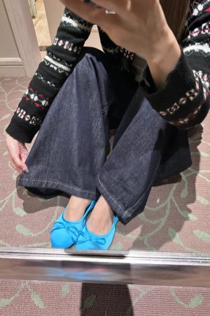 Sheepskin Blue French Bow Round Toe Ballet Flats for Women - Gentle Style Slip-On Flat Shoes
