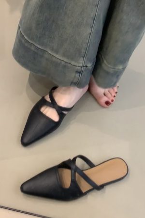 Sheepskin French Cross-Strap Open-Toe Half Slippers - Flat Slip-On Cool Sandals, Elegant Mules for Chic Summer Style