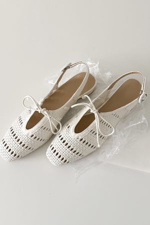 Sheepskin French Woven Hollow-Out Open-Toe Sandals with One-Strap Buckle and Bow, Chunky Heel Vacation Roman Shoes for Women