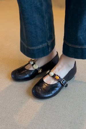 Sheepskin Mary Jane Shoes for Women - Round Head, Metal Buckle, One-Strap, Retro Flat Ballet Style, Versatile Fashion Footwear