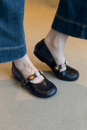 Sheepskin Mary Jane Shoes for Women - Round Head, Metal Buckle, One-Strap, Retro Flat Ballet Style, Versatile Fashion Footwear