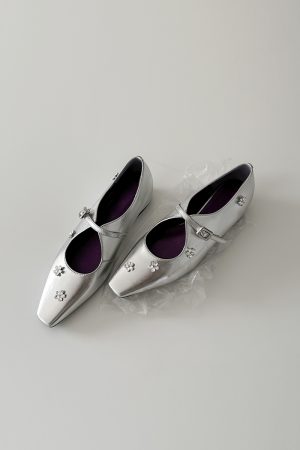 Sheepskin Mary Jane Shoes for Women with Silver Strap, Rhinestone Flower Detail, Height-Increasing, Square-Toe Design