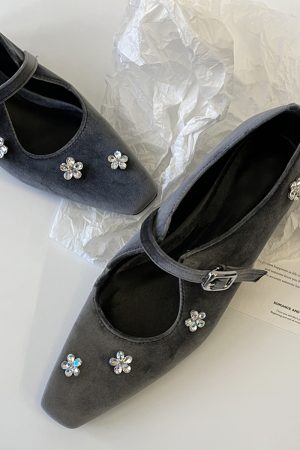 Sheepskin Mary Jane Shoes for Women with Silver Strap, Rhinestone Flower Detail, Height-Increasing, Square-Toe Design