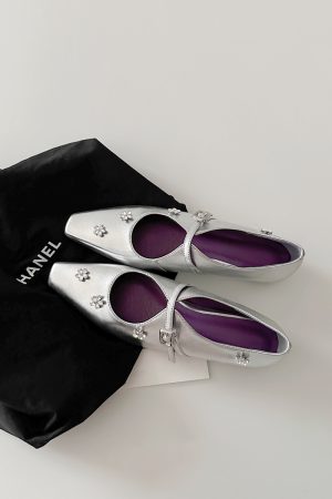 Sheepskin Mary Jane Shoes for Women with Silver Strap, Rhinestone Flower Detail, Height-Increasing, Square-Toe Design