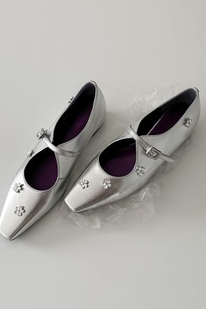 Sheepskin Mary Jane Shoes for Women with Silver Strap, Rhinestone Flower Detail, Height-Increasing, Square-Toe Design