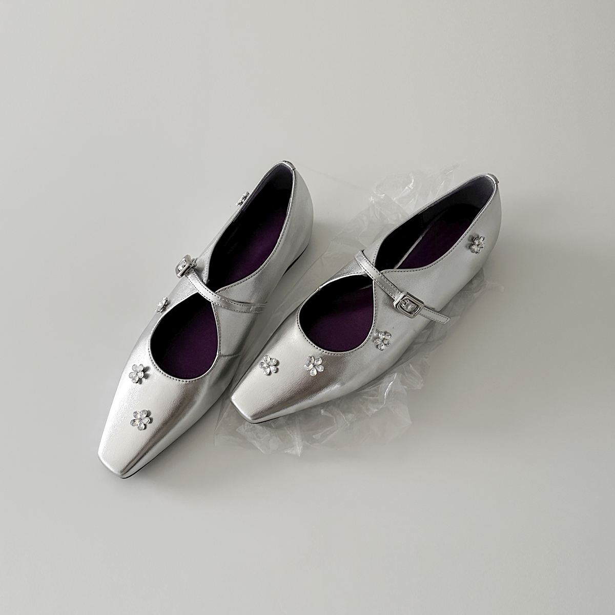 Sheepskin Mary Jane Shoes for Women with Silver Strap, Rhinestone Flower Detail, Height-Increasing, Square-Toe Design Sheepskin Mary Jane Shoes for Women with Silver Strap, Rhinestone Flower Detail, Height-Increasing, Square-Toe Design