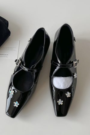 Sheepskin Mary Jane Shoes for Women with Silver Strap, Rhinestone Flower Detail, Height-Increasing, Square-Toe Design