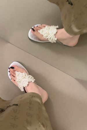 Sheepskin Pearl Thong Flat Sandals for Women - Bohemian Beach Flip-Flops, Summer Vacation Style