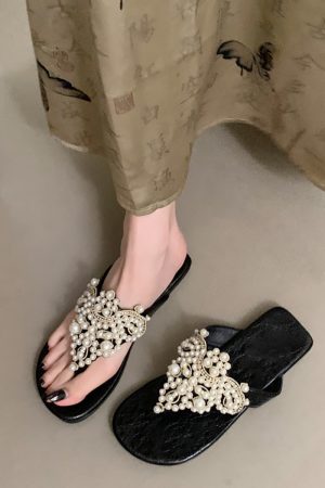 Sheepskin Pearl Thong Flat Sandals for Women - Bohemian Beach Flip-Flops, Summer Vacation Style