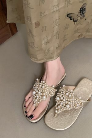 Sheepskin Pearl Thong Flat Sandals for Women - Bohemian Beach Flip-Flops, Summer Vacation Style