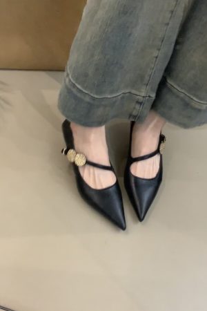 Sheepskin Pointed Toe High-Heeled Shoes with Metal Buckle - French Style Low-Heeled Commuter Shoes for Women
