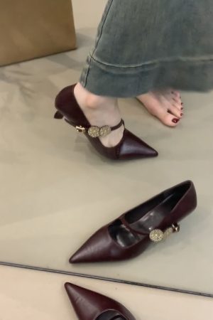 Sheepskin Pointed Toe High-Heeled Shoes with Metal Buckle - French Style Low-Heeled Commuter Shoes for Women