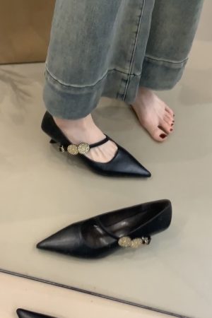 Sheepskin Pointed Toe High-Heeled Shoes with Metal Buckle - French Style Low-Heeled Commuter Shoes for Women