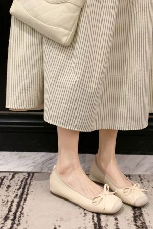 Sheepskin Silver Bow Ballet Shoes for Women â€“ Summer One-Strap Half Slippers, Height-Increasing Shallow Mouth Flats