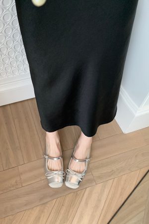 Sheepskin Silver Bow Ballet Shoes for Women â€“ Summer One-Strap Half Slippers, Height-Increasing Shallow Mouth Flats