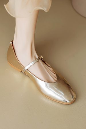Sheepskin Silver Mary Jane Shoes for Women - Soft Sole Single Strap Flats, Italian Style Footwear
