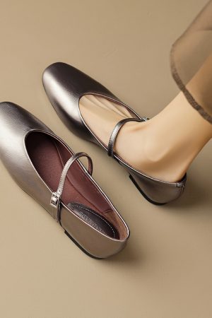 Sheepskin Silver Mary Jane Shoes for Women - Soft Sole Single Strap Flats, Italian Style Footwear