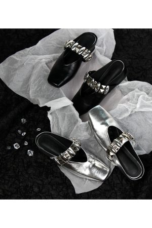 Sheepskin Square Head Rivet One-Strap Closed-Toe Half Slippers for Women - Height-Increasing French Style Slip-On Sandals