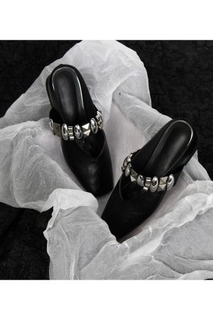 Sheepskin Square Head Rivet One-Strap Closed-Toe Half Slippers for Women - Height-Increasing French Style Slip-On Sandals