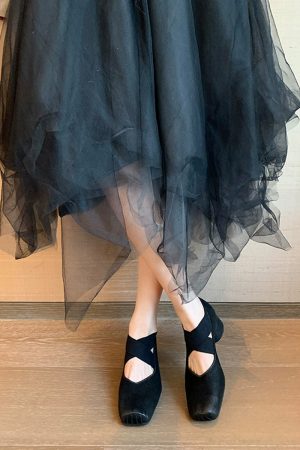 Sheepskin Square-Toed Ballet Shoes for Women, Cross-Strap Pig-Nose Retro Flat Chunky Heel Loafers