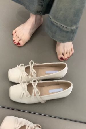 Sheepskin Square-Toed Bow Ballet Shoes - French Style Hidden Height Mary Jane Flats for Evening Wear & Casual Chic