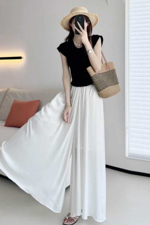 Sheer Chiffon Wide-Leg Pants - Lightweight, Slimming Effect, Wrinkle-Resistant, Cool Summer White with Pockets