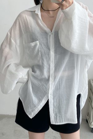 Sheer Lantern Sleeve Sun Protection Shirt for Women - Casual Loose Fit Hazy Feel Outerwear for Evening Breeze