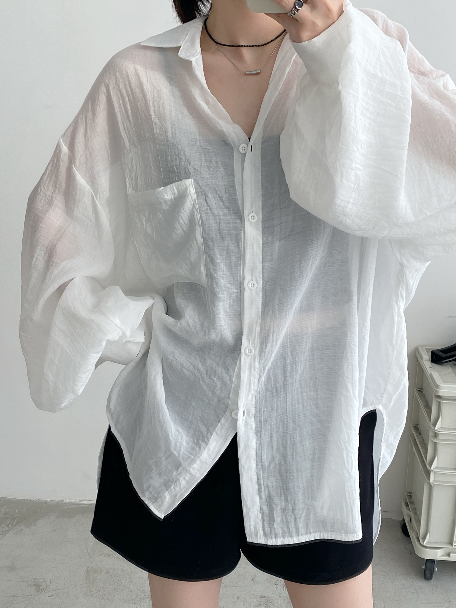 Sheer Lantern Sleeve Sun Protection Shirt for Women - Casual Loose Fit Hazy Feel Outerwear for Evening Breeze Sheer Lantern Sleeve Sun Protection Shirt for Women - Casual Loose Fit Hazy Feel Outerwear for Evening Breeze